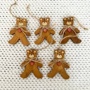 Vintage Midwest Japan Set 5 Wood Cut Rope Bow Heart Cut Out Cute Bear Ornaments
